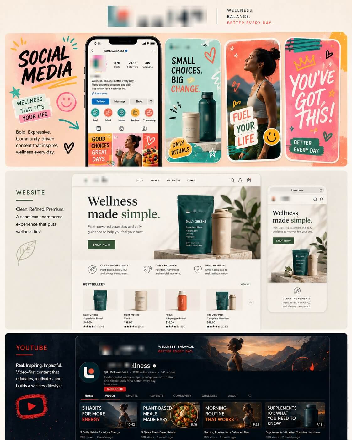 LUMA brand system across social, website, and YouTube